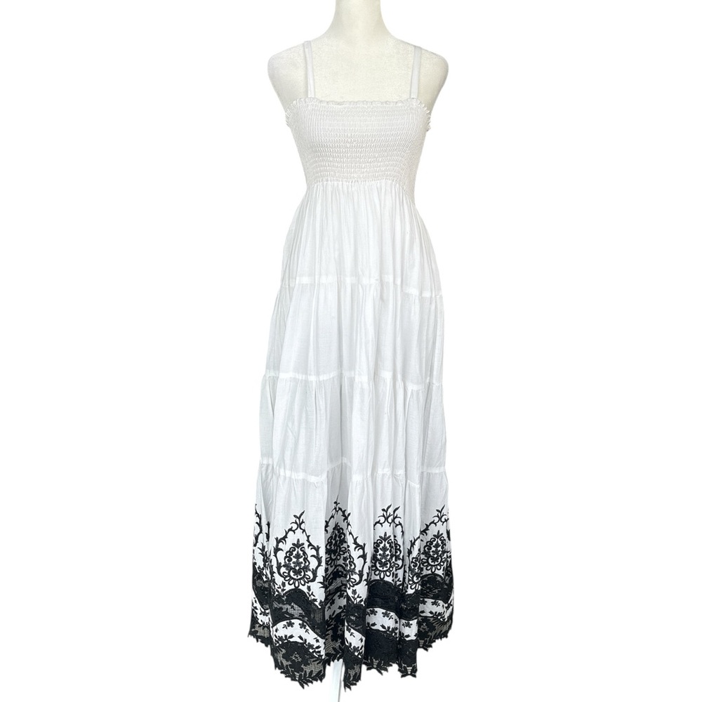 Antica Santoria Tiered Maxi Dress Embroidered Hem with Lace White/Black OS
